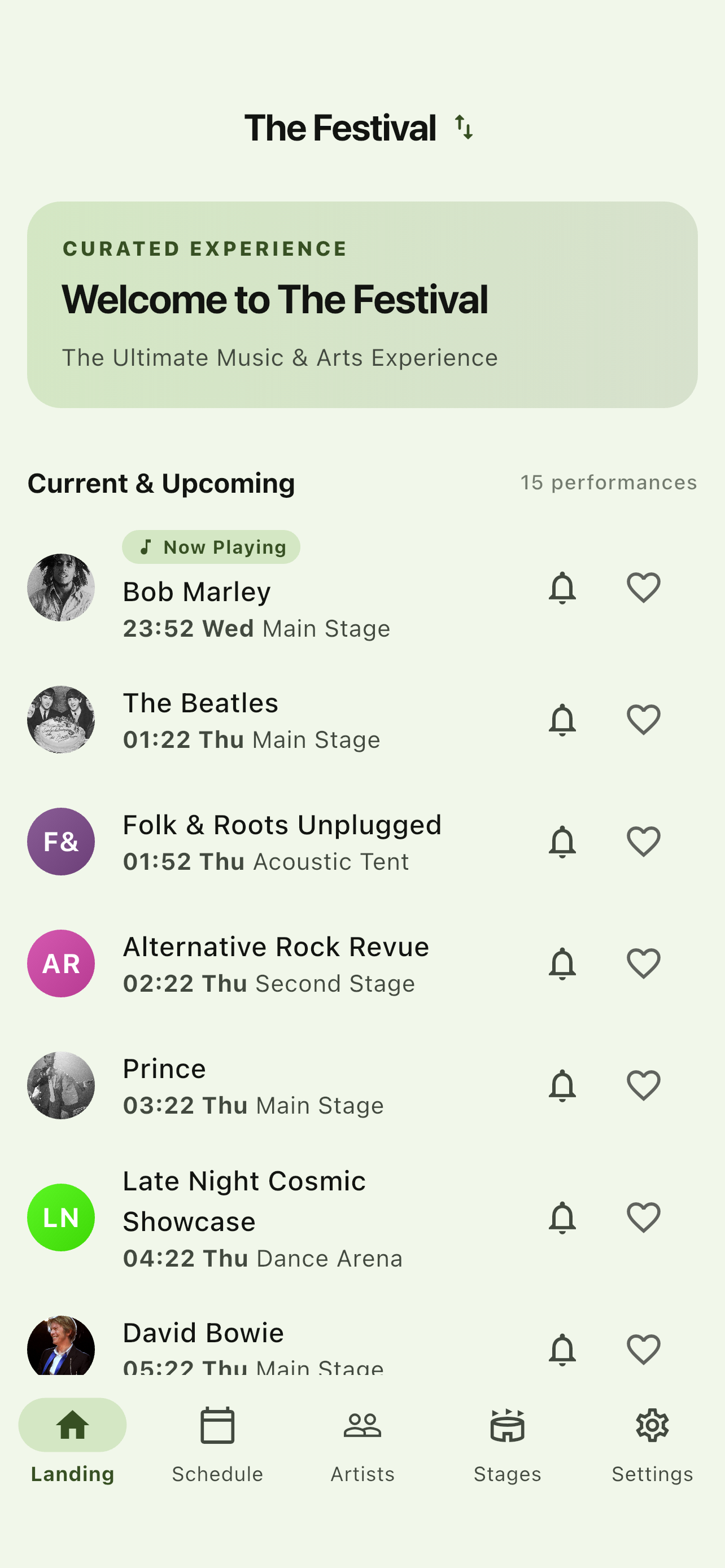Thestival Mobile App showing Welcome to The Festival and Current & Upcoming performances on Main Stage